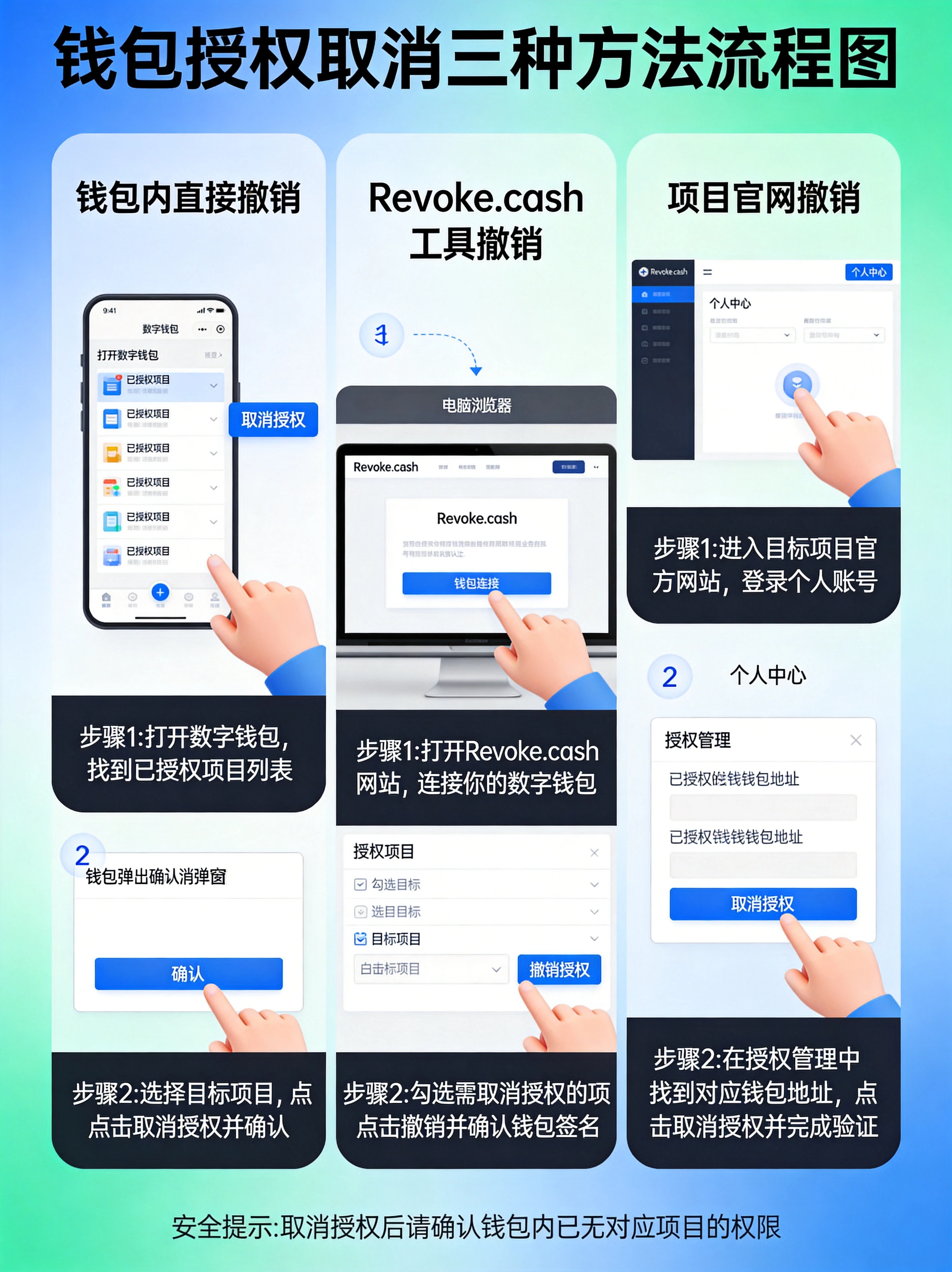 钱包授权取消三种方法对比流程图，钱包内直接撤销、Revoke.cash工具撤销、项目官网撤销的步骤可视化