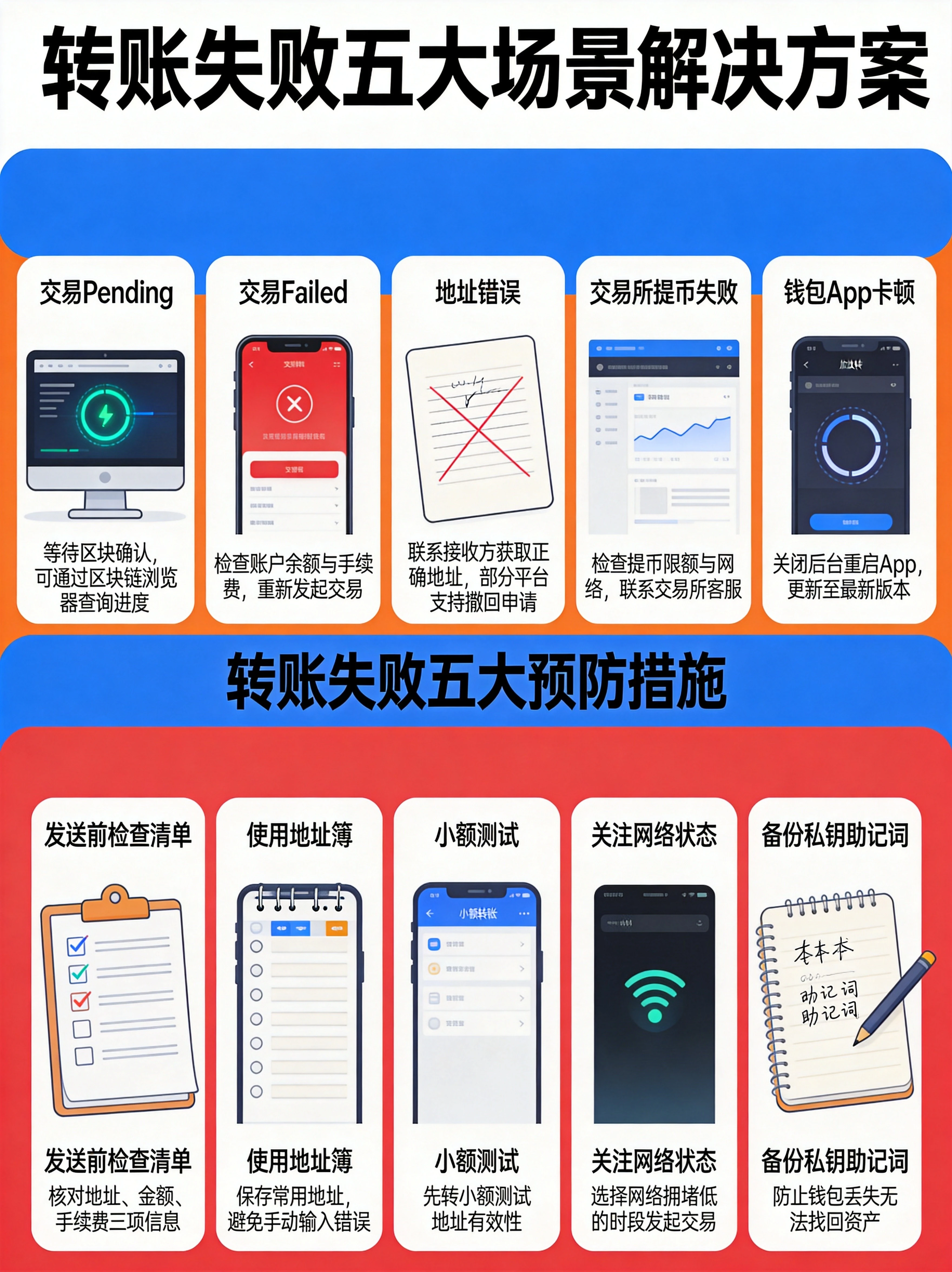 转账失败解决方案与预防清单图，展示交易Pending、交易Failed、地址错误、交易所提币失败、钱包App卡顿五大场景解决方案，以及发送前检查清单、使用地址簿、小额测试、关注网络状态四大预防措施