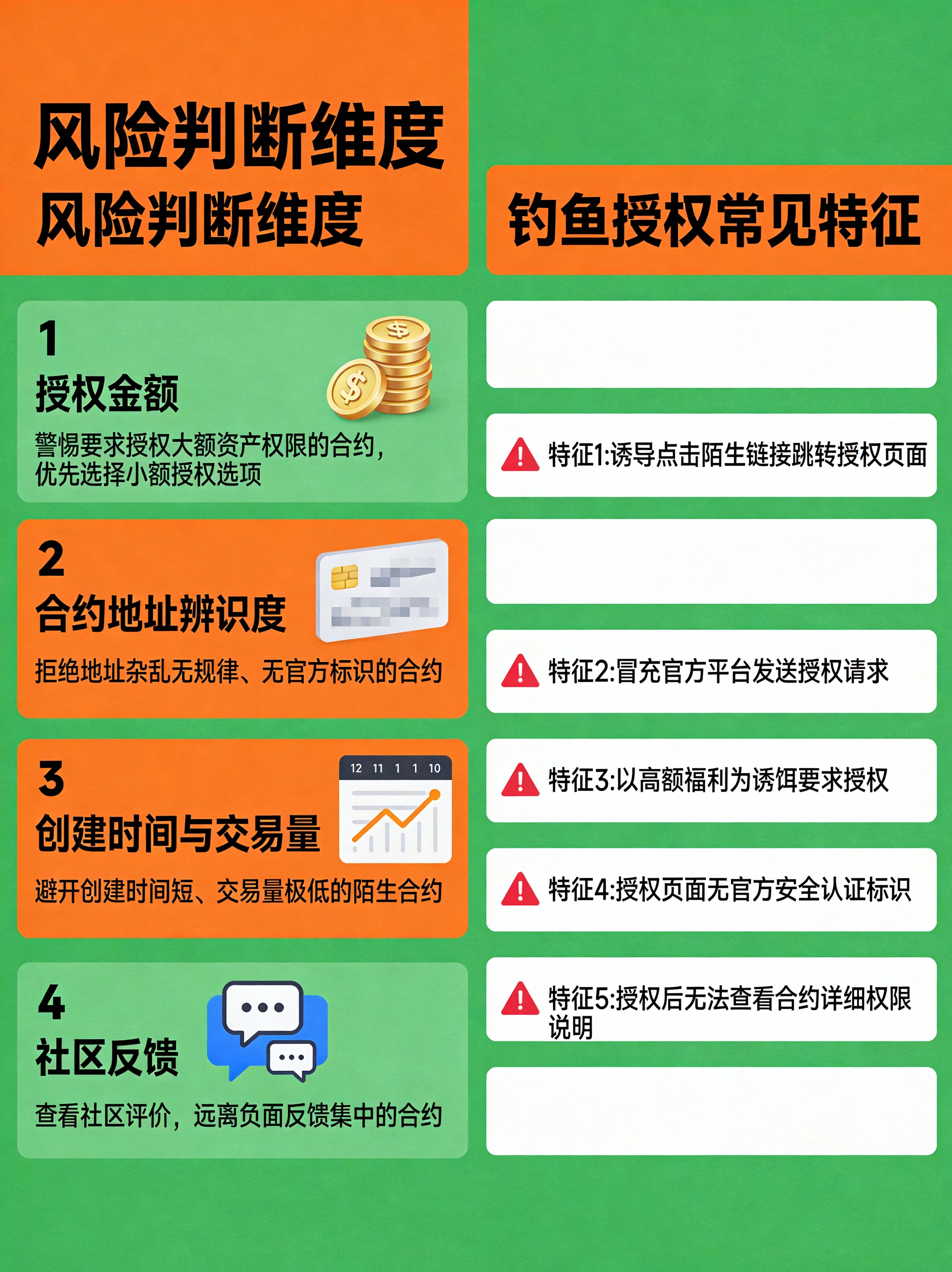 风险合约识别要点汇总图，整合风险判断维度和钓鱼授权特征，形成快速自查清单，帮助读者快速识别可疑授权。