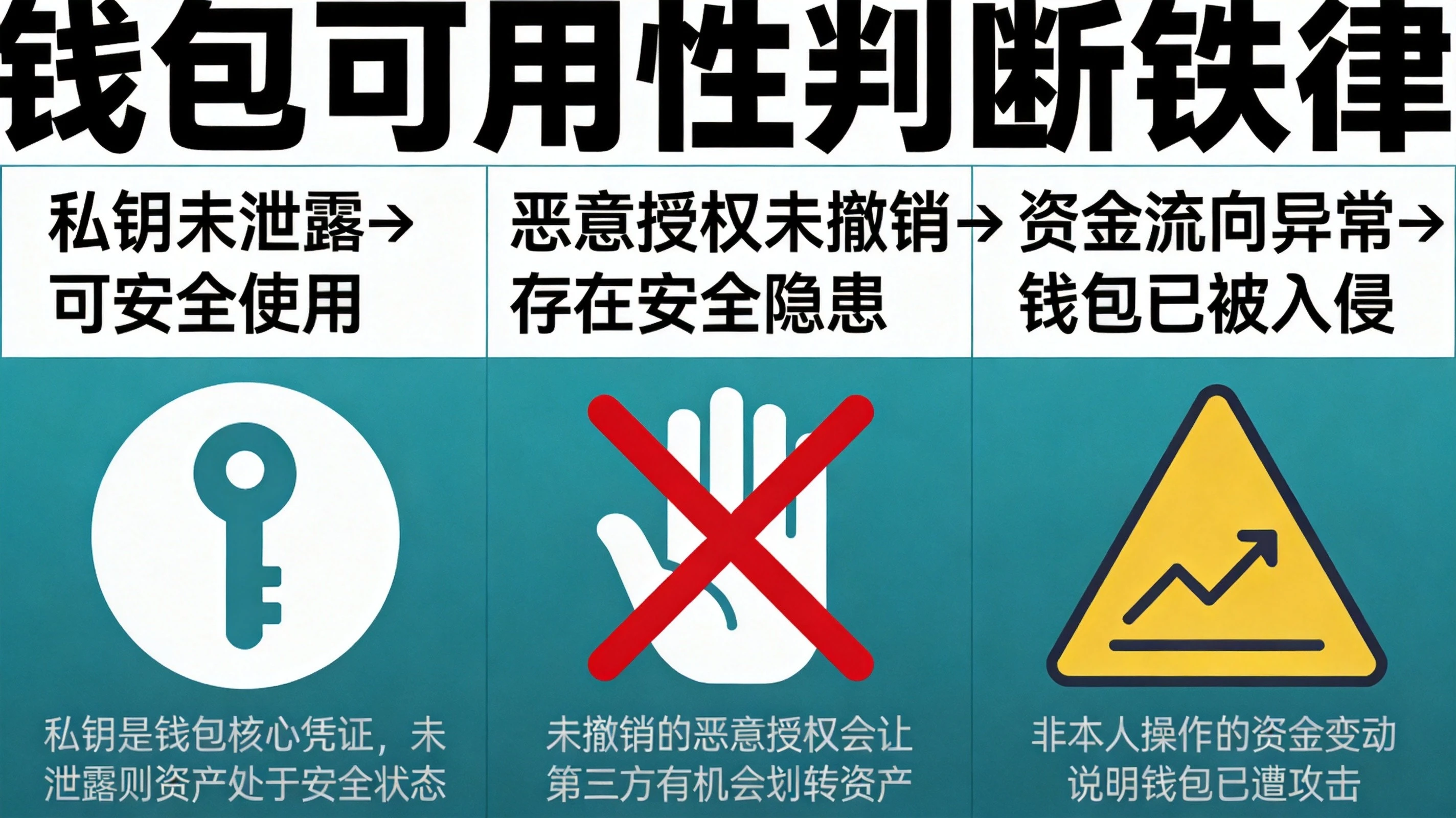 蓝绿色科技风格钱包可用性判断铁律信息图，展示私钥状态、授权状态、资金流向三个维度的风险判断逻辑