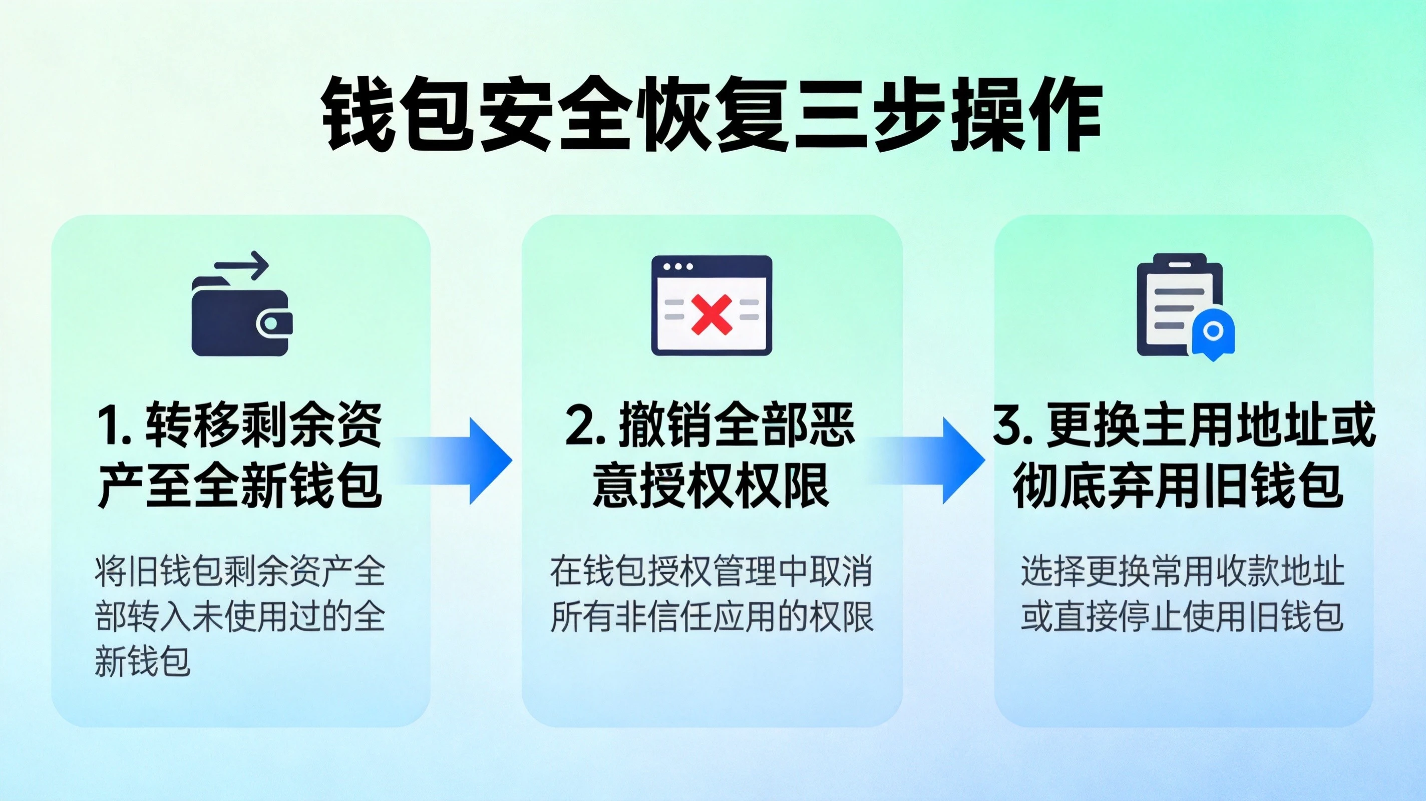 蓝绿色科技风格钱包安全恢复步骤信息图，展示转移资产、撤销授权、更换地址三步操作流程，逻辑清晰直观