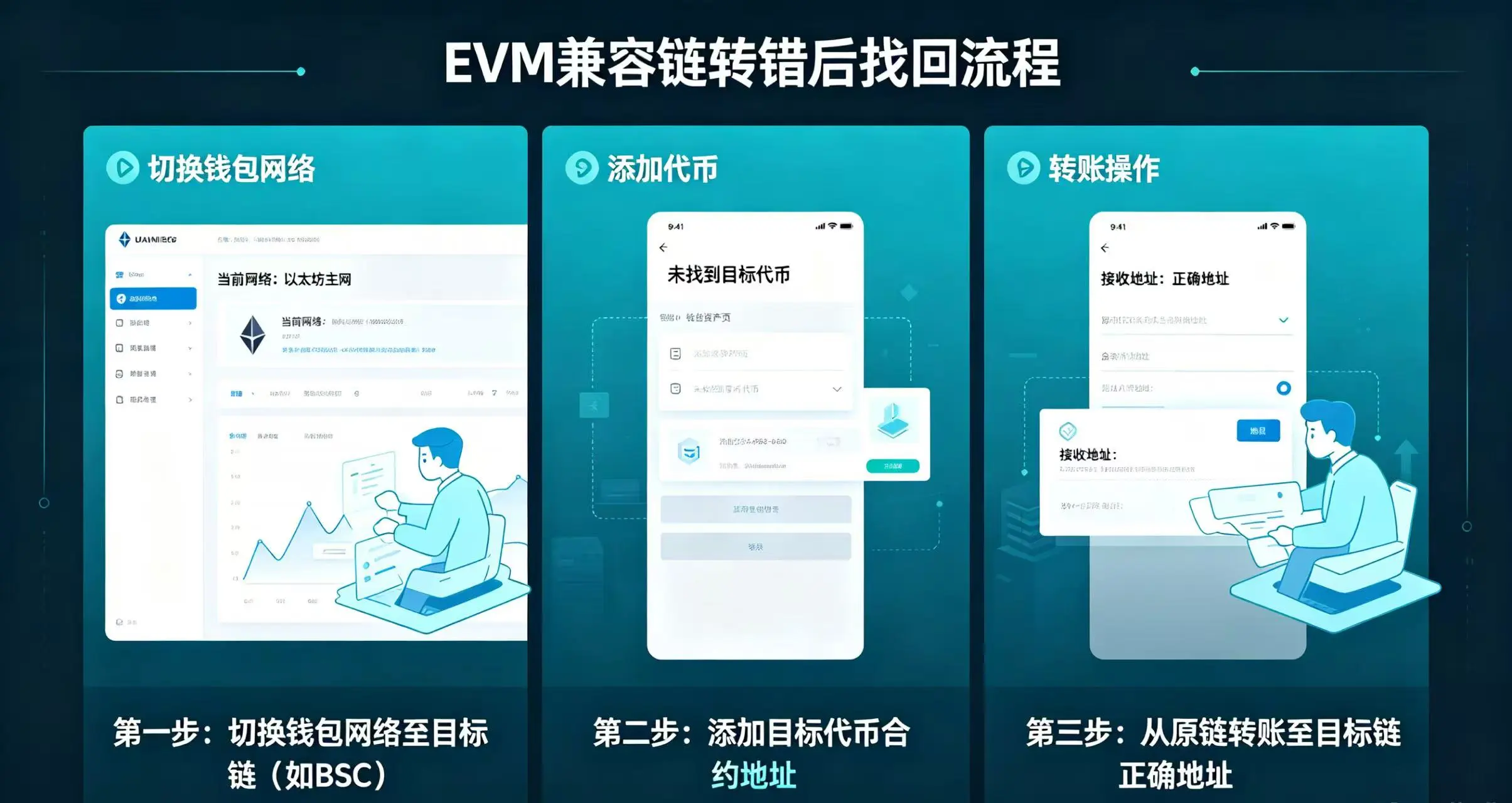 EVM 兼容链转错找回流程，展示切换网络和转账步骤