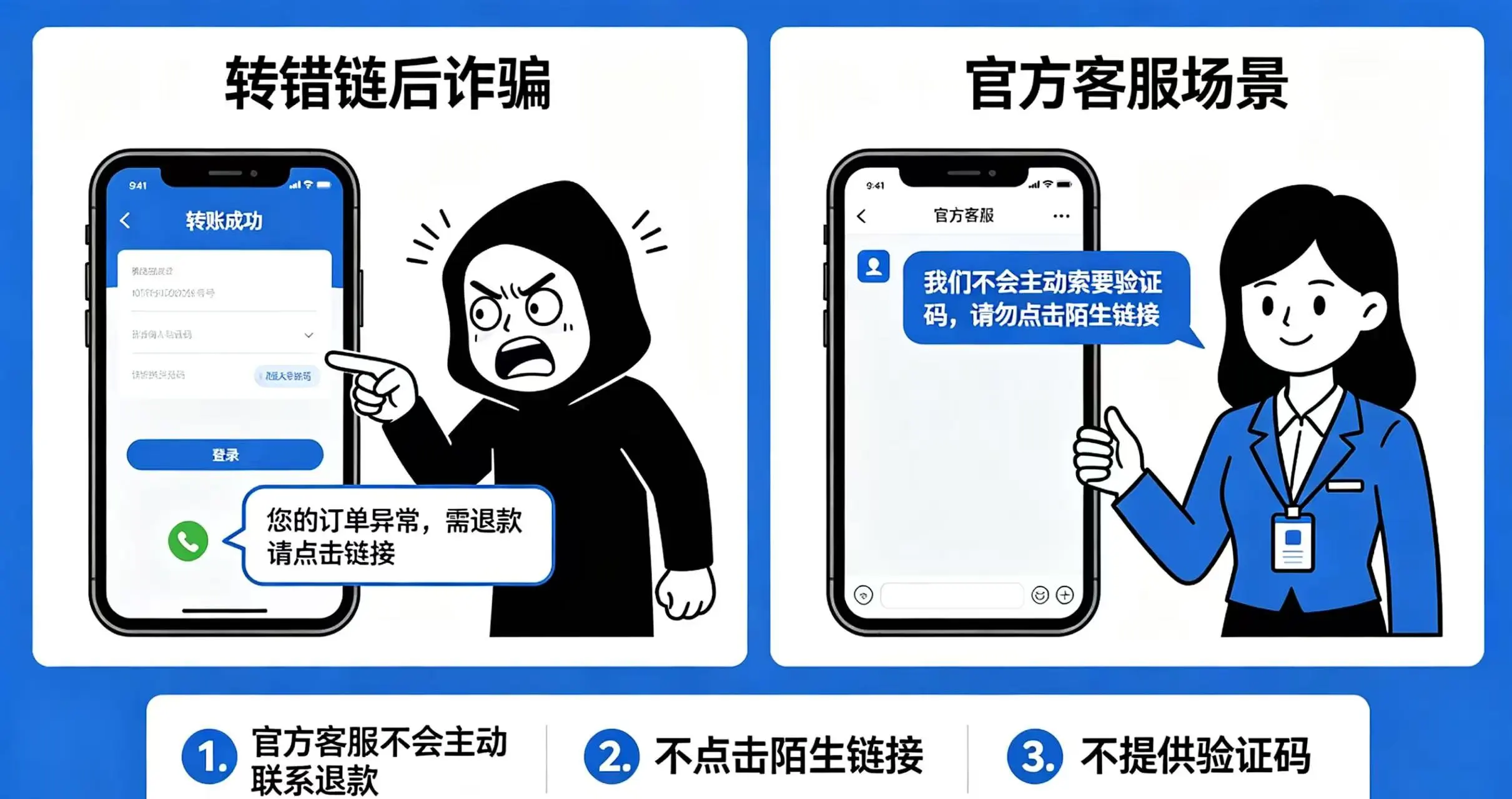 转错链防骗对比，展示官方客服和诈骗的区别