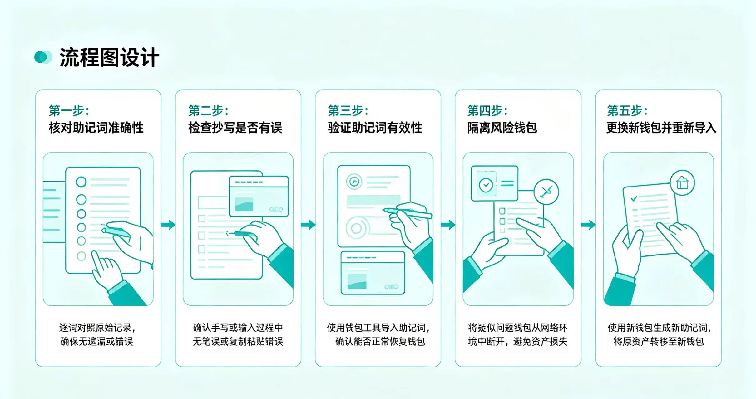 助记词排查流程,呈现从核对词本身到更换钱包的完整排查步骤 助记词排查流程,呈现从核对词本身到更换钱包的完整排查步骤