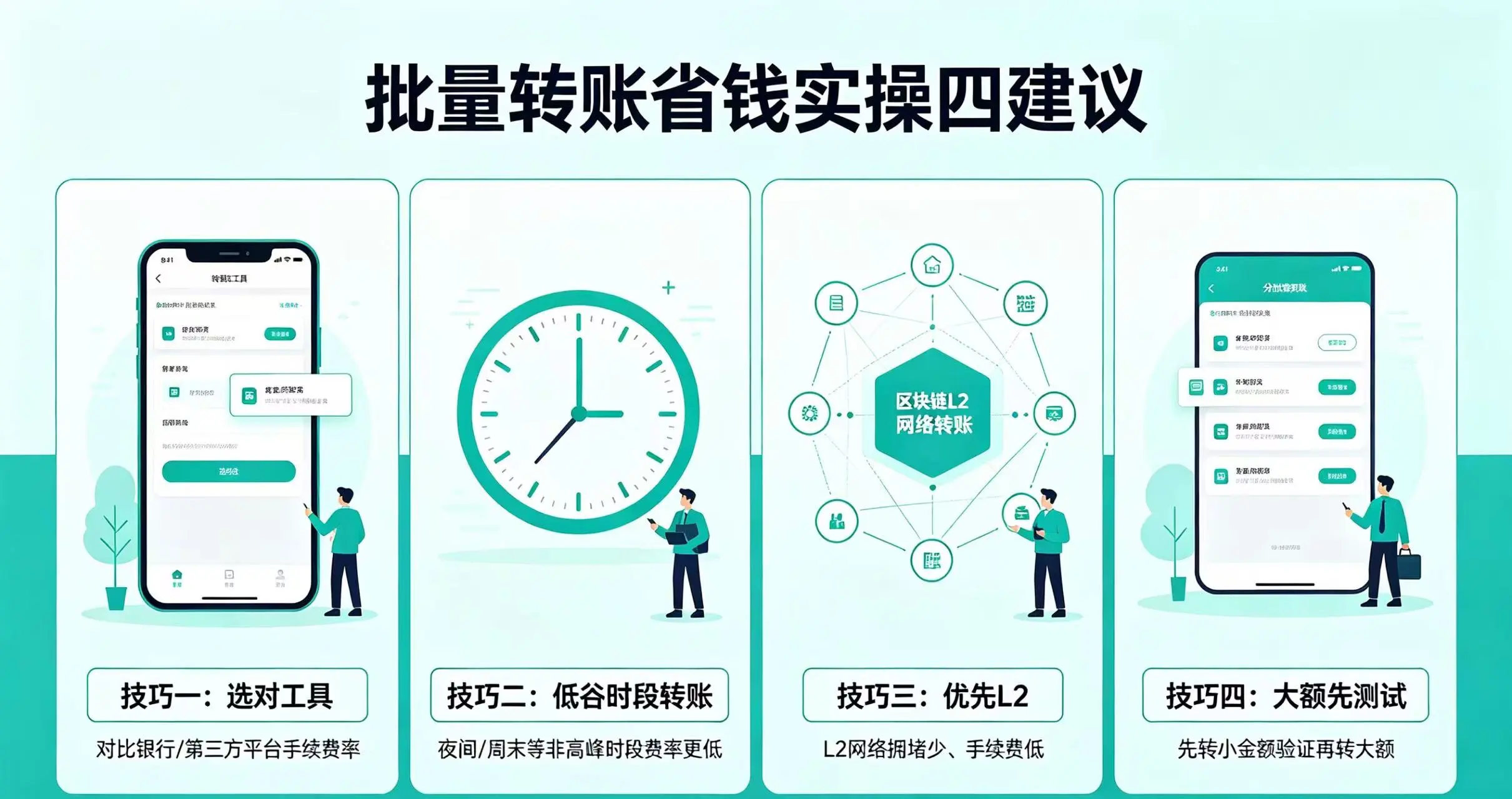 批量转账实操四建议，呈现选工具、挑时段、优先 L2 和小额测试四个省钱技巧