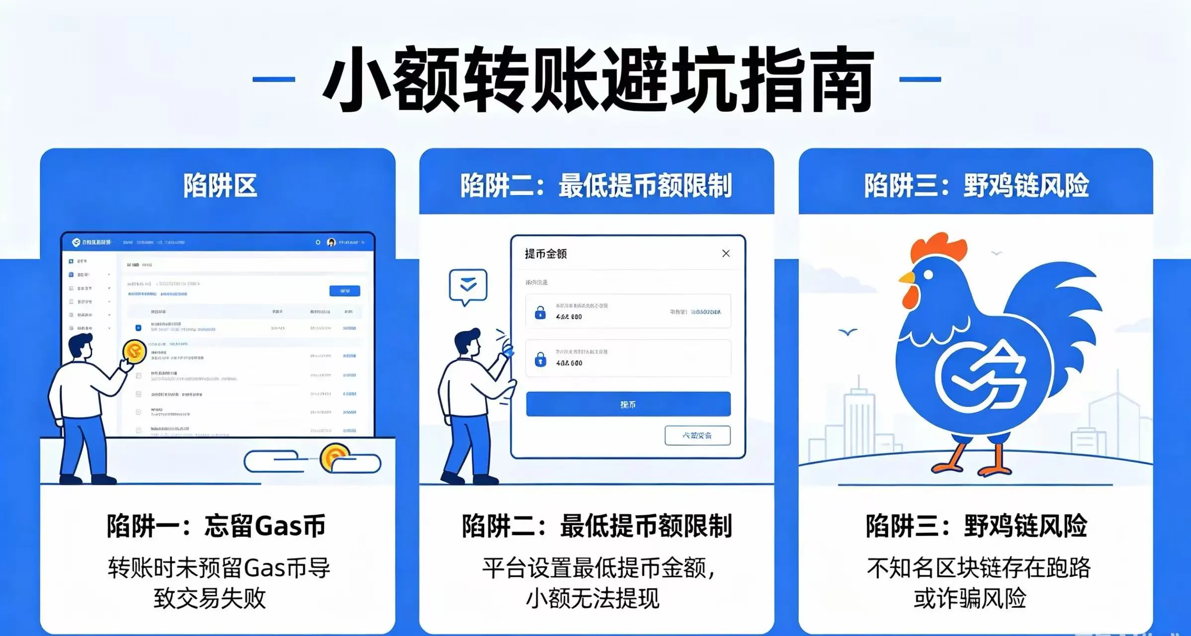 小额转账避坑指南，展示忘留 Gas 币、最低提币额限制和野鸡链三个陷阱
