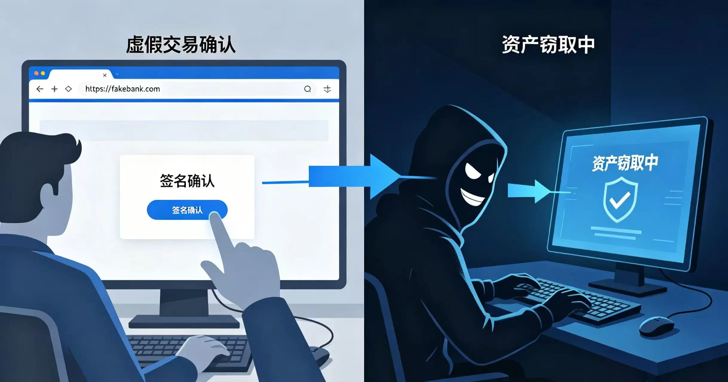 用户在假网站点击签名确认,攻击者在背后窃取资产 用户在假网站点击签名确认,攻击者在背后窃取资产