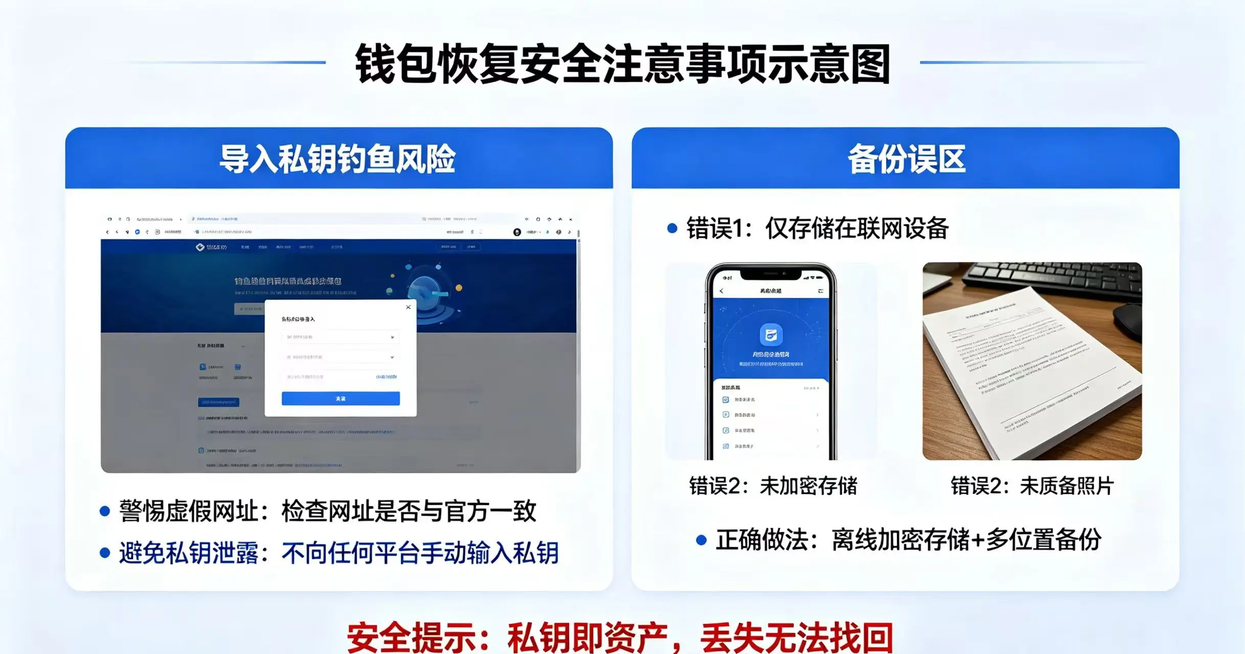 钱包恢复安全注意事项示意图，清晰展示导入私钥时的钓鱼风险和备份误区