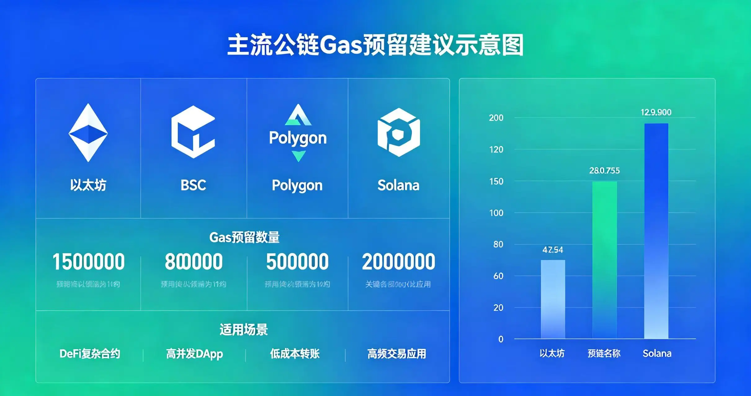 主流公链 Gas 预留建议示意图，清晰展示以太坊、BSC、Polygon、Solana 等公链的 Gas 预留数量和适用场景