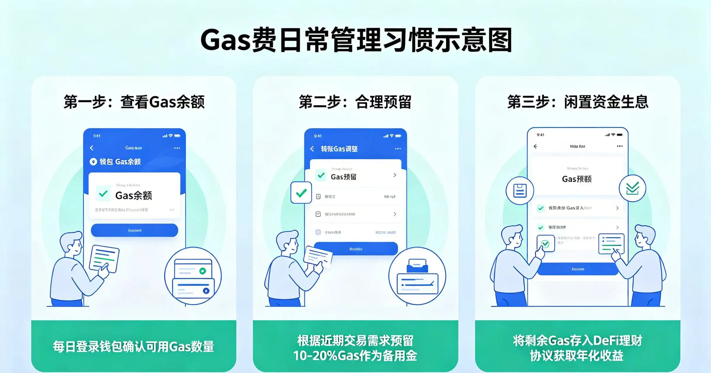 Gas 费日常管理习惯示意图，直观呈现查看 Gas 余额、合理预留、闲置资金生息的日常管理流程