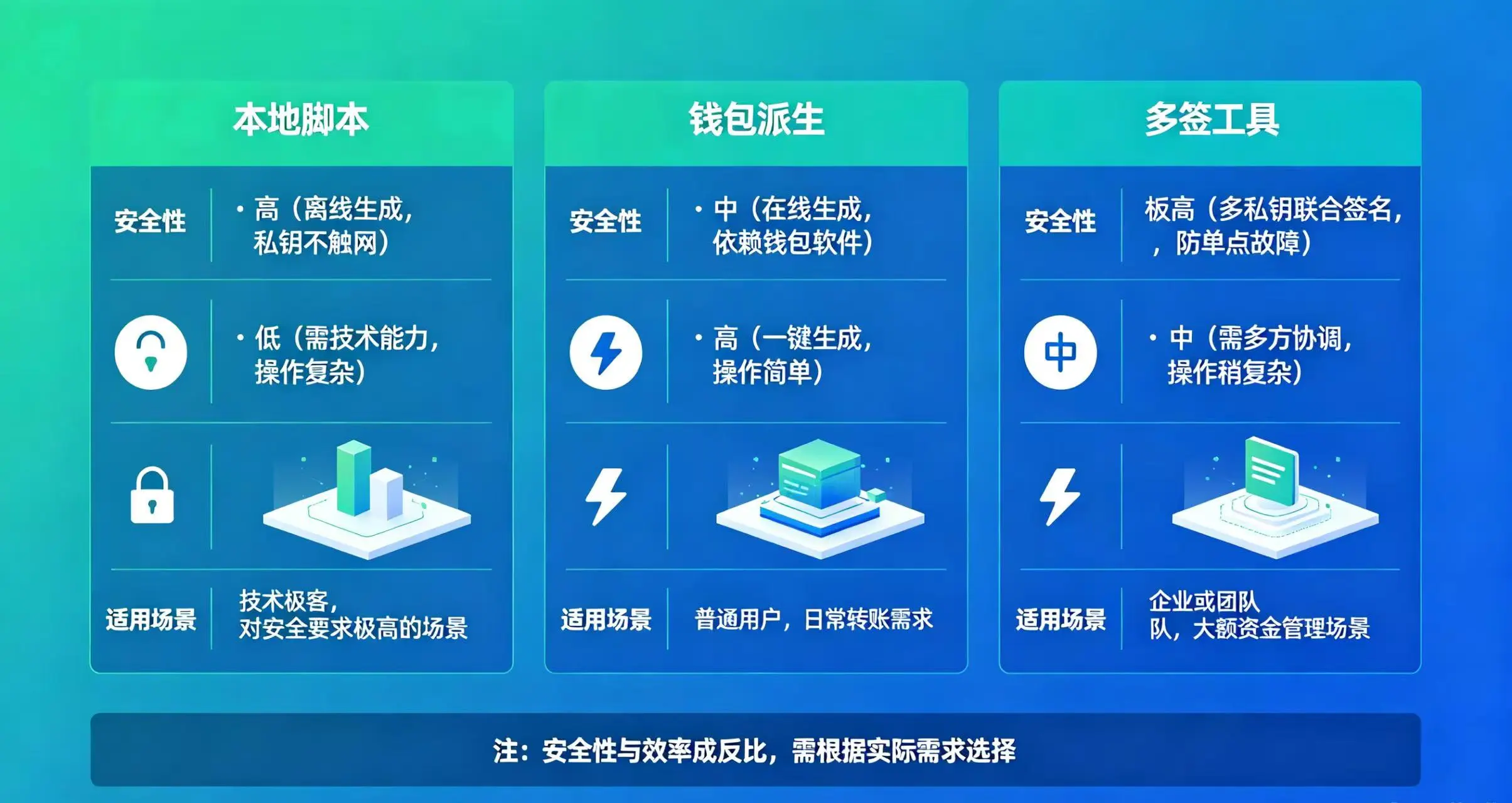 批量生成钱包地址路径对比示意图，直观呈现本地脚本、钱包派生、多签工具三种生成方式的安全性、效率和适用场景差异