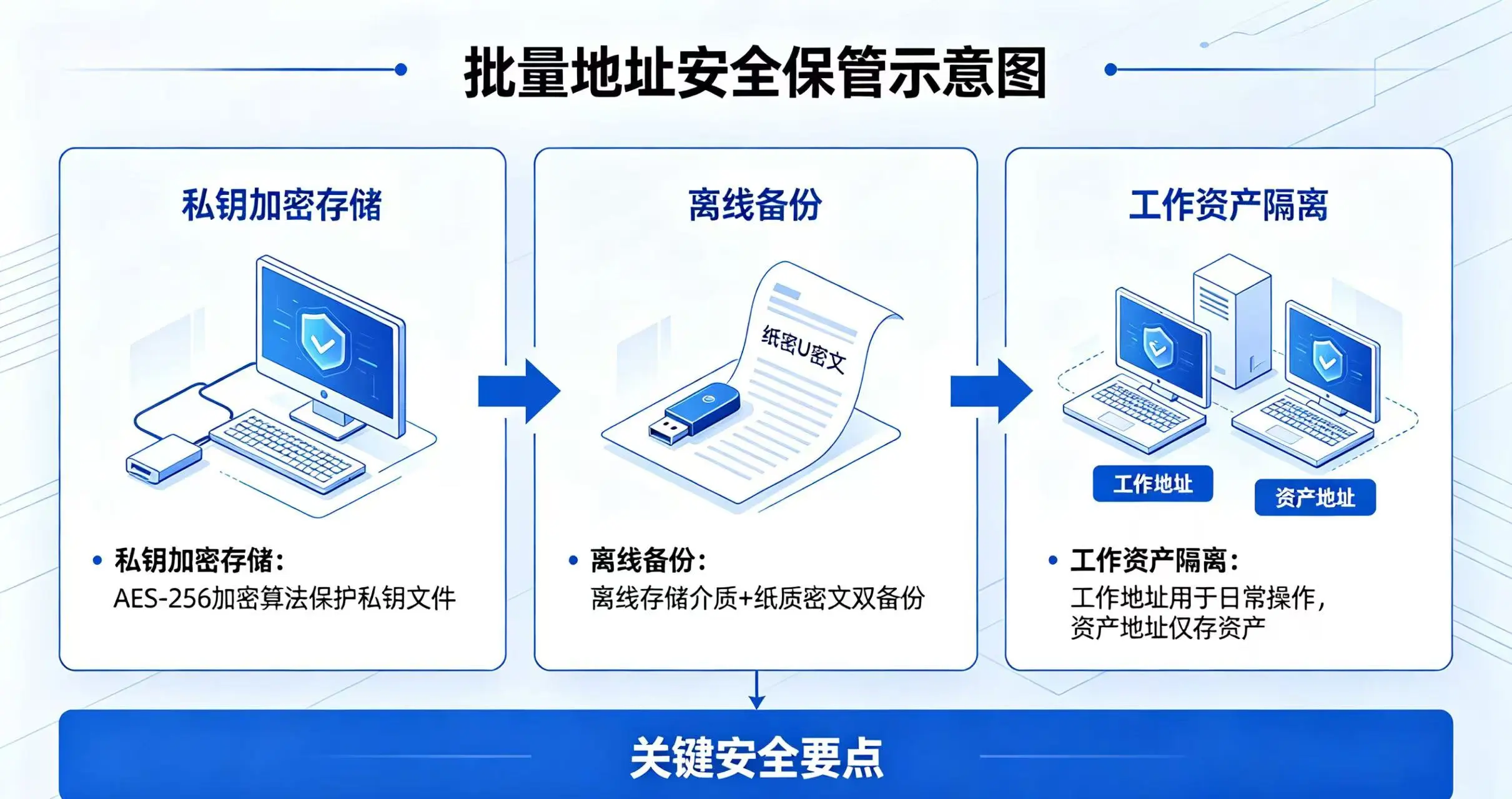 批量地址安全保管示意图，清晰展示私钥加密存储、离线备份、工作资产隔离等关键安全要点