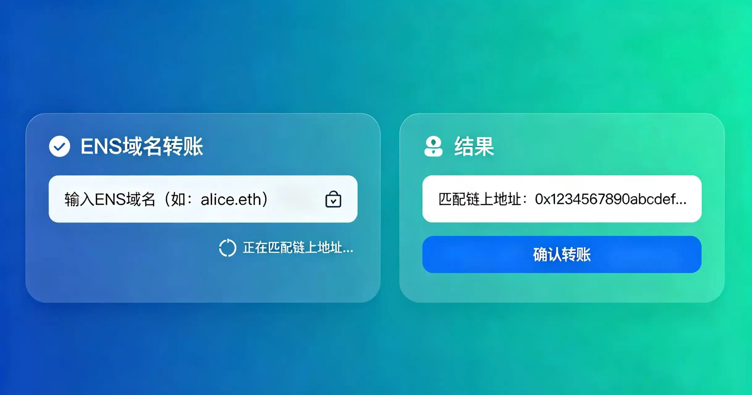 色彩鲜明的 ENS 域名转账界面，展示输入 “alice.eth” 自动匹配对应链上地址的操作页面。