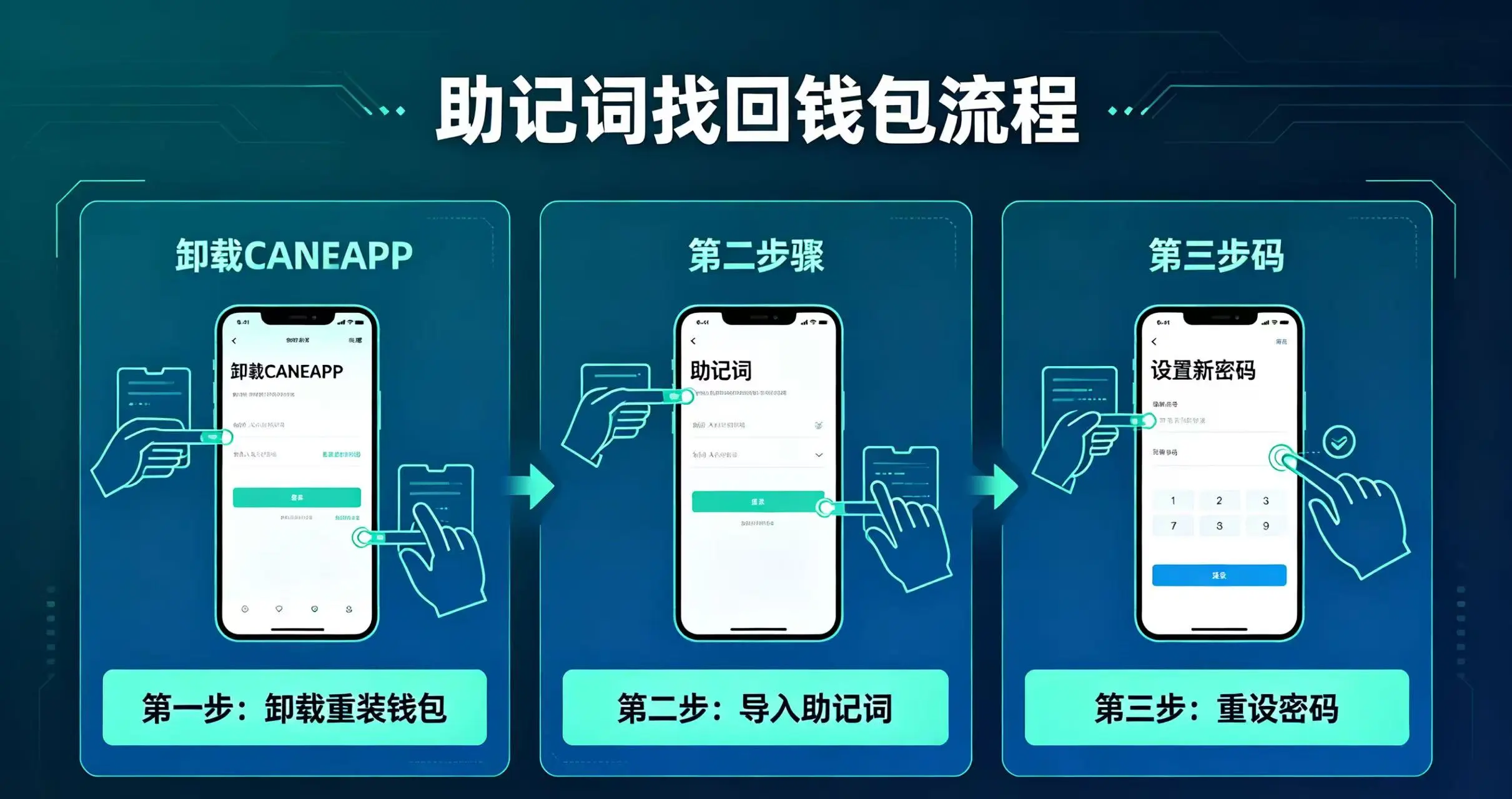 助记词找回钱包流程示意图，展示卸载重装钱包、导入助记词和重设密码的步骤。