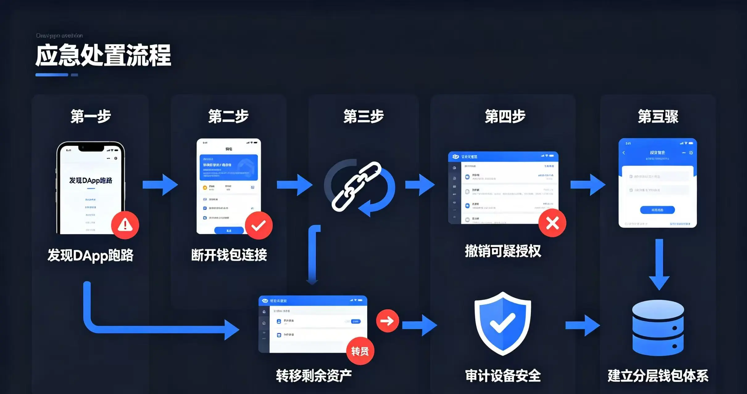  展示 DApp 跑路后五步应急处置流程的流程图，包括断开连接、撤销授权、转移资产等关键步骤。