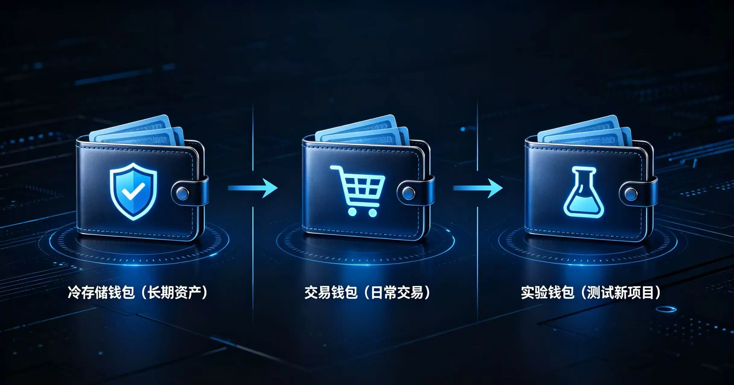  展示 “冷存储钱包”、“交易钱包”、“实验钱包” 三层结构的示意图，体现了风险隔离的原则。