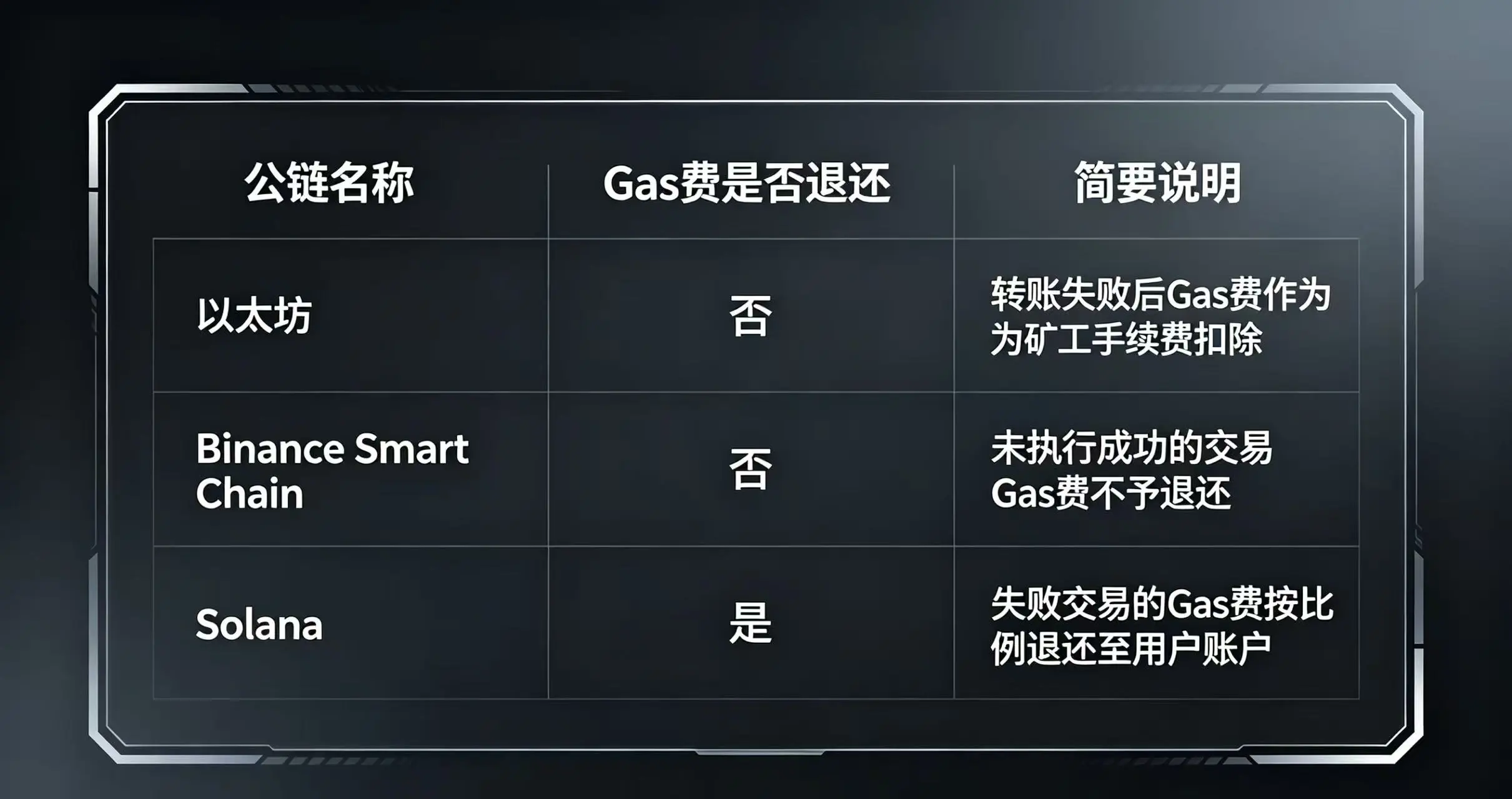 对比以太坊、BSC、Solana 等主流公链在转账失败后是否退还 Gas 费的表格。
