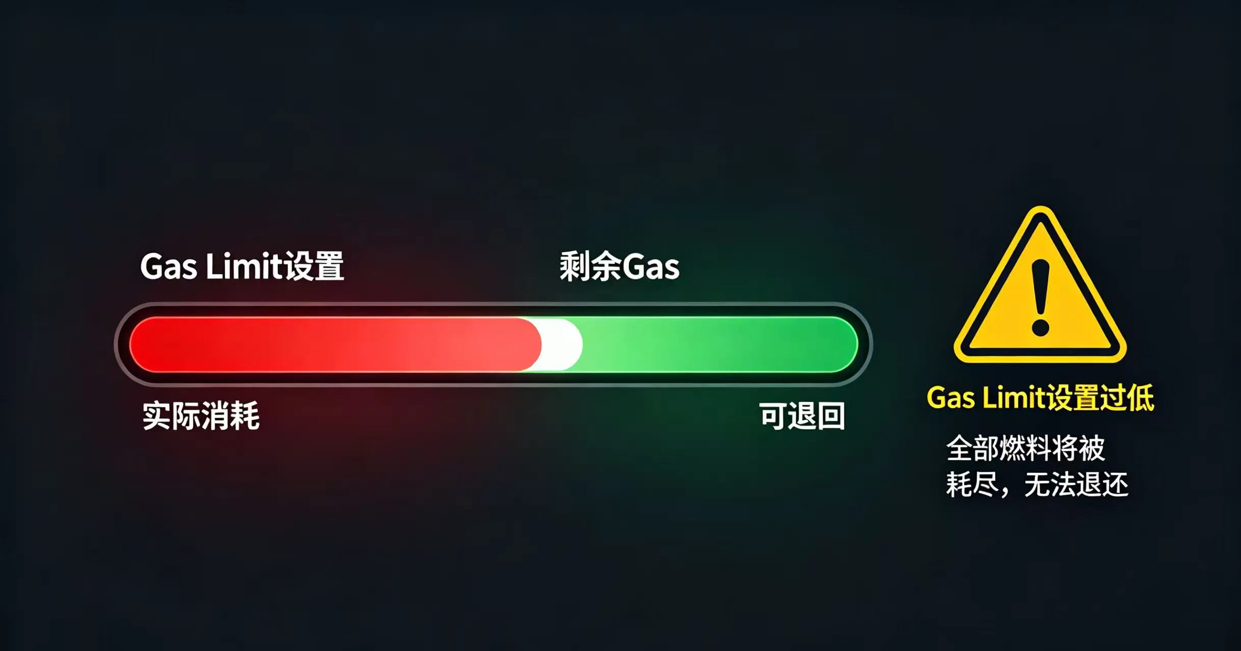  展示 Gas Limit 设置、实际消耗和剩余可退还部分关系的示意图，并警告设置过低的风险。
