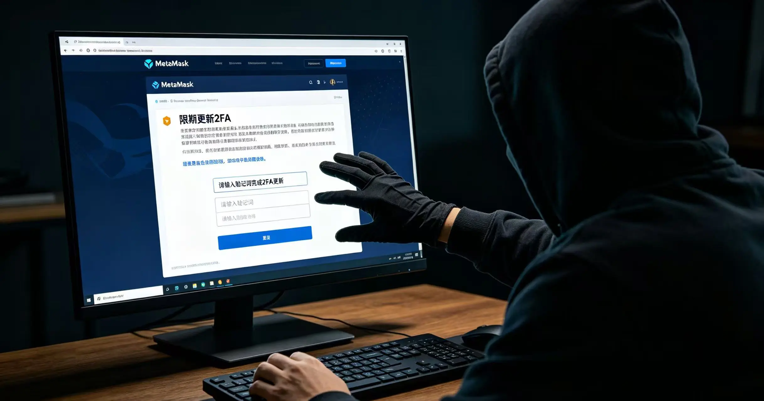  一个用户收到伪装成 MetaMask 官方的钓鱼邮件，点击链接后进入仿冒网站，黑客正准备窃取其输入的助记词。