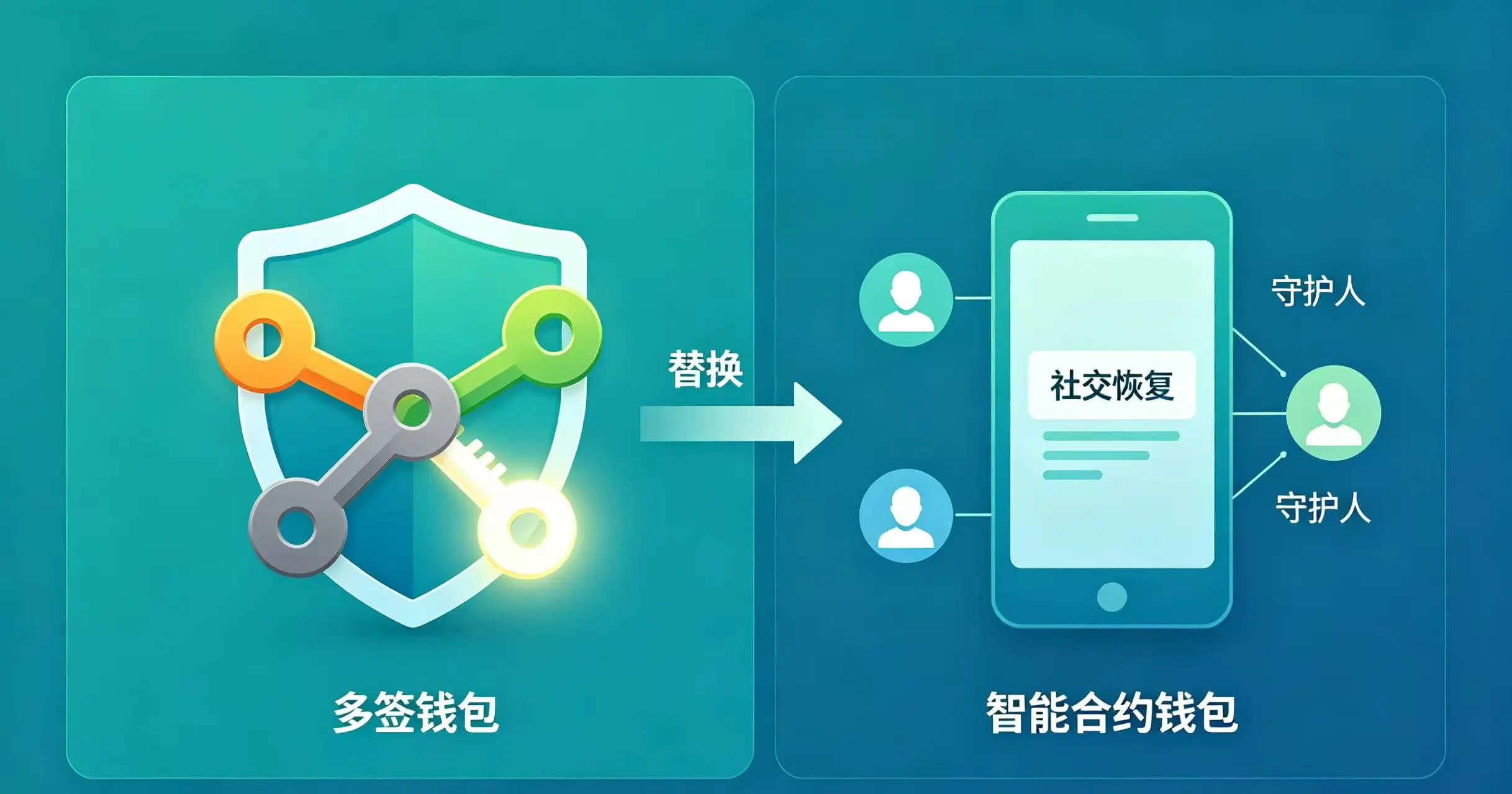 多签与智能合约钱包找回机制示意图，展示了多签钱包可替换丢失的私钥，以及智能合约钱包可通过社交恢复功能找回资产。