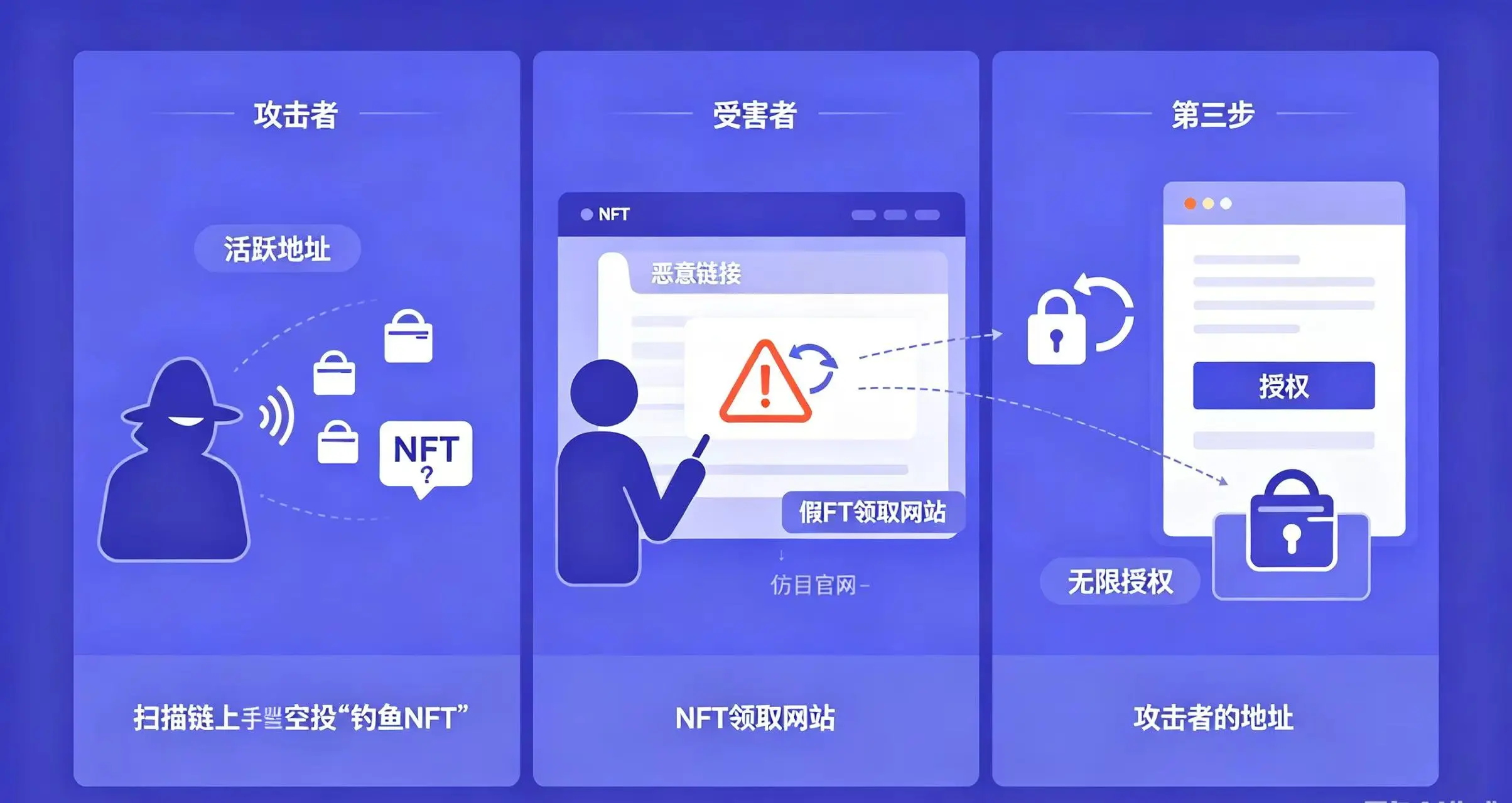 NFT 钓鱼攻击链示意图，展示了攻击者撒网、受害者点击链接、授权资产被转移的完整过程。