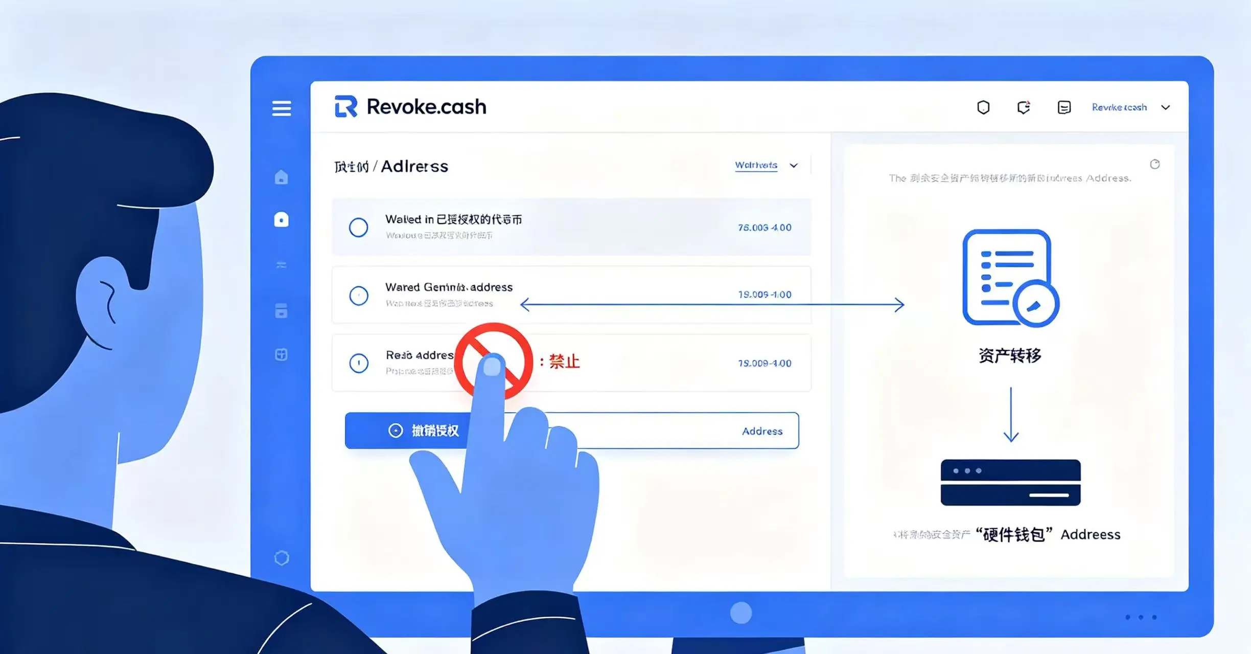 紧急止损操作示意图，展示了用户使用撤销授权工具取消恶意授权，并将剩余资产转移到安全钱包的场景。