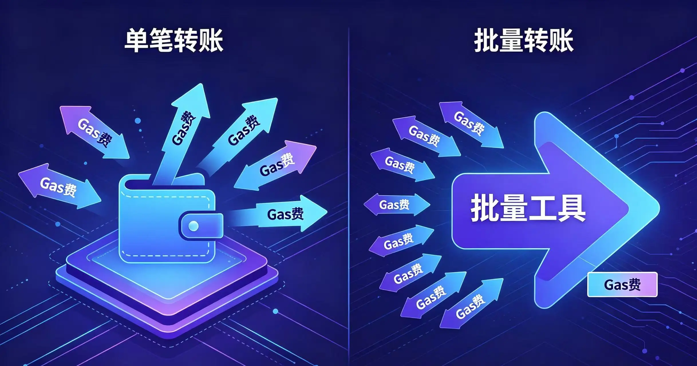画面一分为二,左边是多笔独立转账,Gas 费高昂;右边是批量转账,所有交易被合并,Gas 费显著降低。 画面一分为二,左边是多笔独立转账,Gas 费高昂;右边是批量转账,所有交易被合并,Gas 费显著降低。