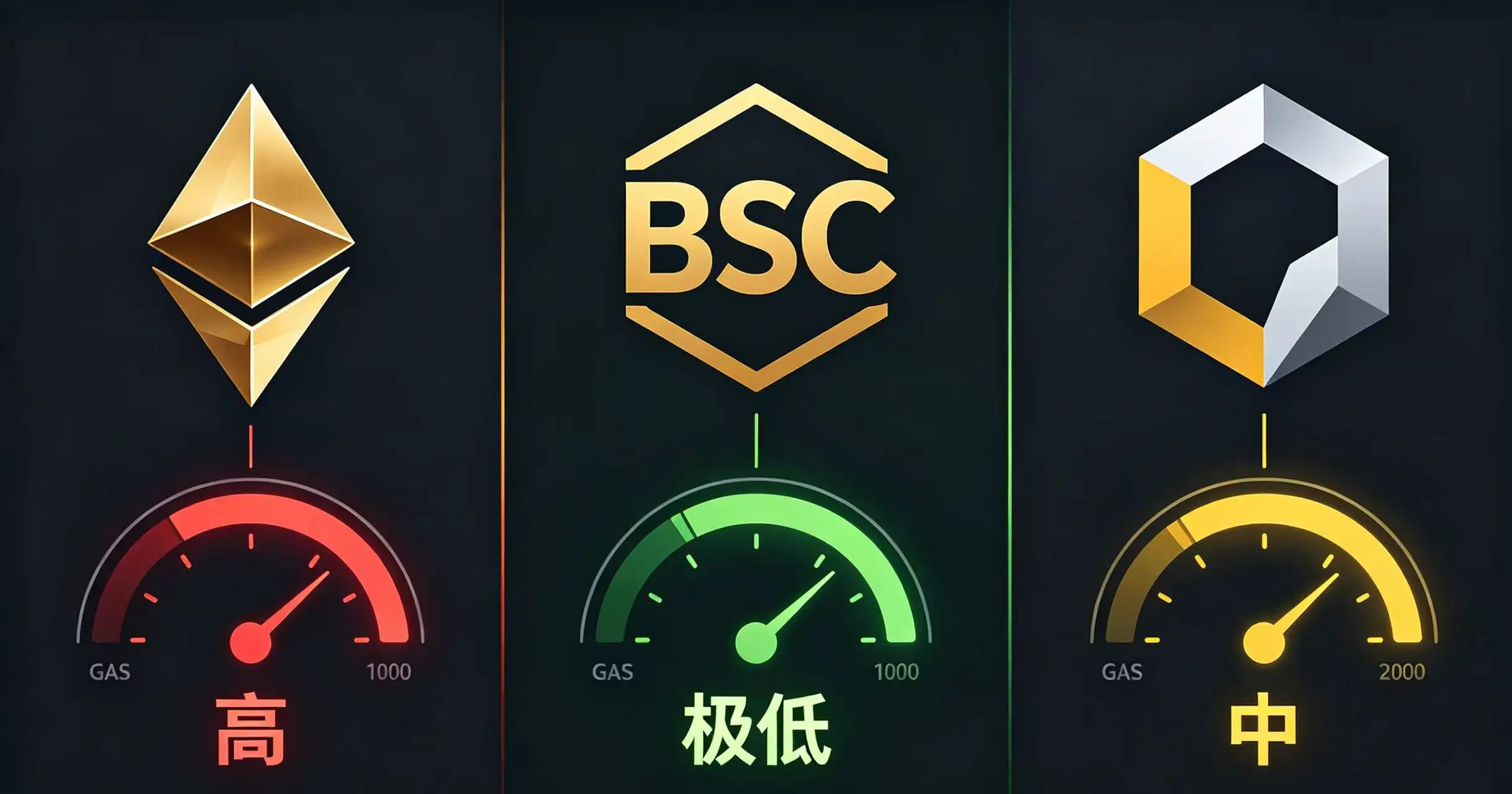 以太坊、BSC、Polygon 三个公链的 Gas 费仪表盘对比,以太坊指针指向红色 “高” 区,BSC 指向绿色 “极低” 区,Polygon 指向黄色 “中” 区。 以太坊、BSC、Polygon 三个公链的 Gas 费仪表盘对比,以太坊指针指向红色 “高” 区,BSC 指向绿色 “极低” 区,Polygon 指向黄色 “中” 区。