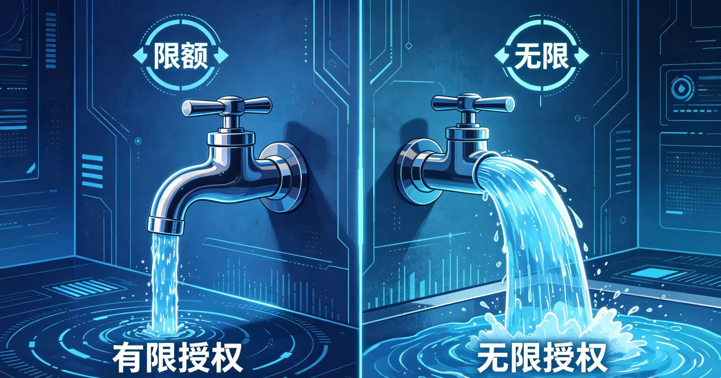 画面一分为二，左边是 “有限授权”，水龙头流出少量水；右边是 “无限授权”，水龙头喷涌大量水，对比两者风险。