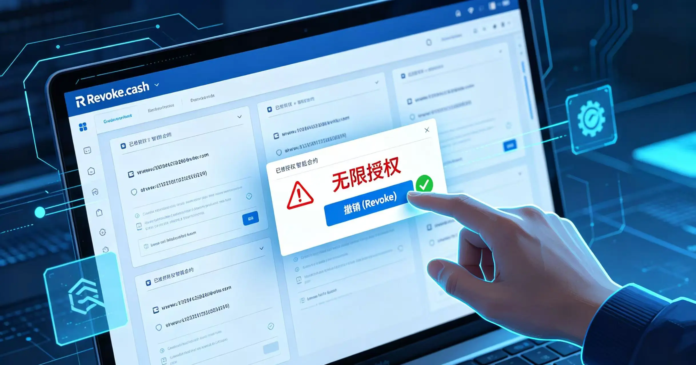 电脑屏幕上显示 Revoke.cash 界面，一只手正点击 “无限授权” 合约旁的 “撤销” 按钮，按钮旁出现绿色对勾表示成功。