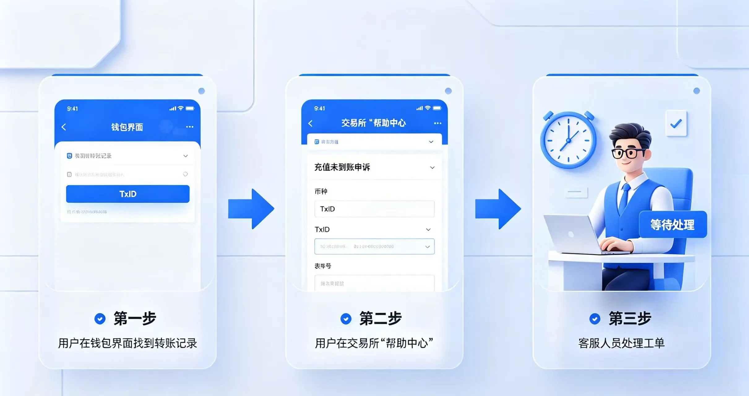 可视化展示用户发现问题后，如何通过 “找到 TxID”、“提交申诉”、“等待处理” 这三个步骤来找回资金。
