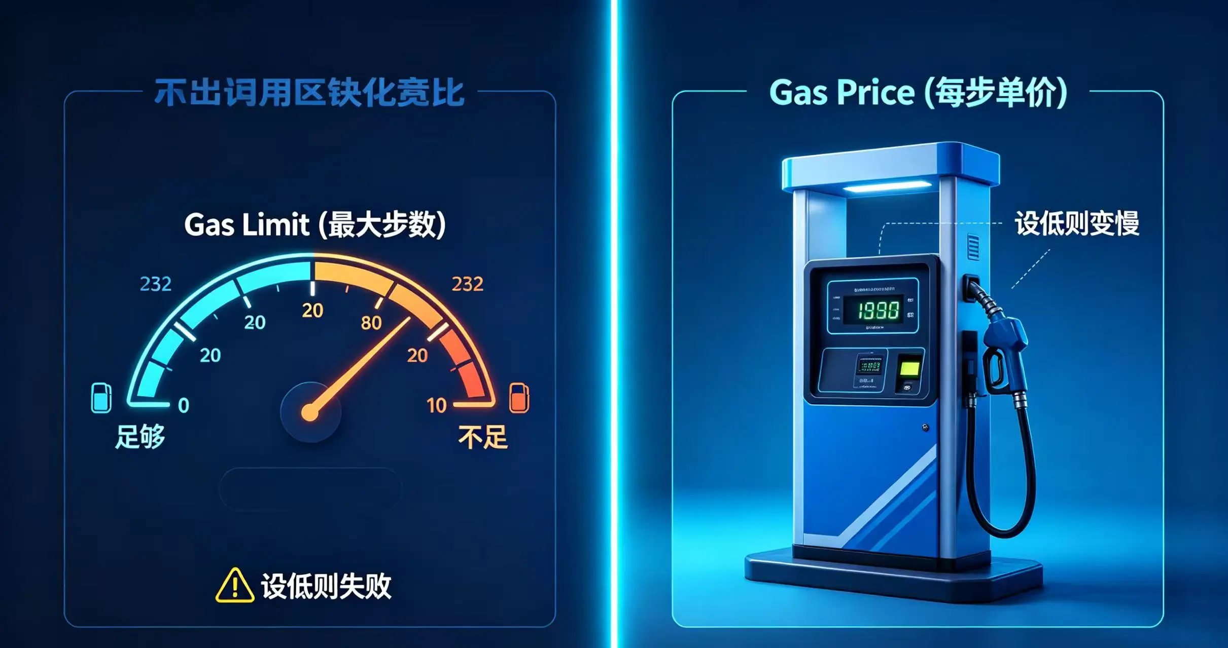 一个清晰的图解，帮助读者直观理解 Gas Limit（最大步数）和 Gas Price（每步单价）这两个核心概念的区别。